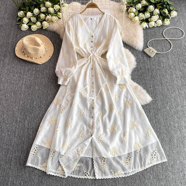Elegant V-neck Hollowed Embroidery Dress