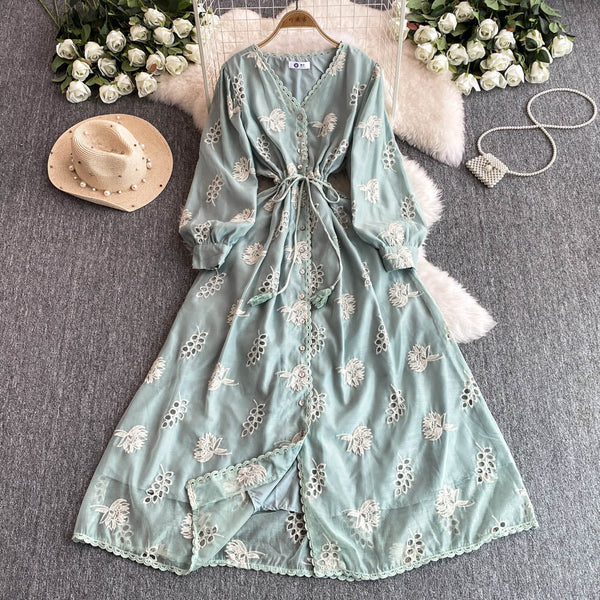 Elegant V-neck Hollowed Embroidery Dress