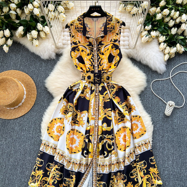Courtly Sleeveless Lapeled Floral Dress
