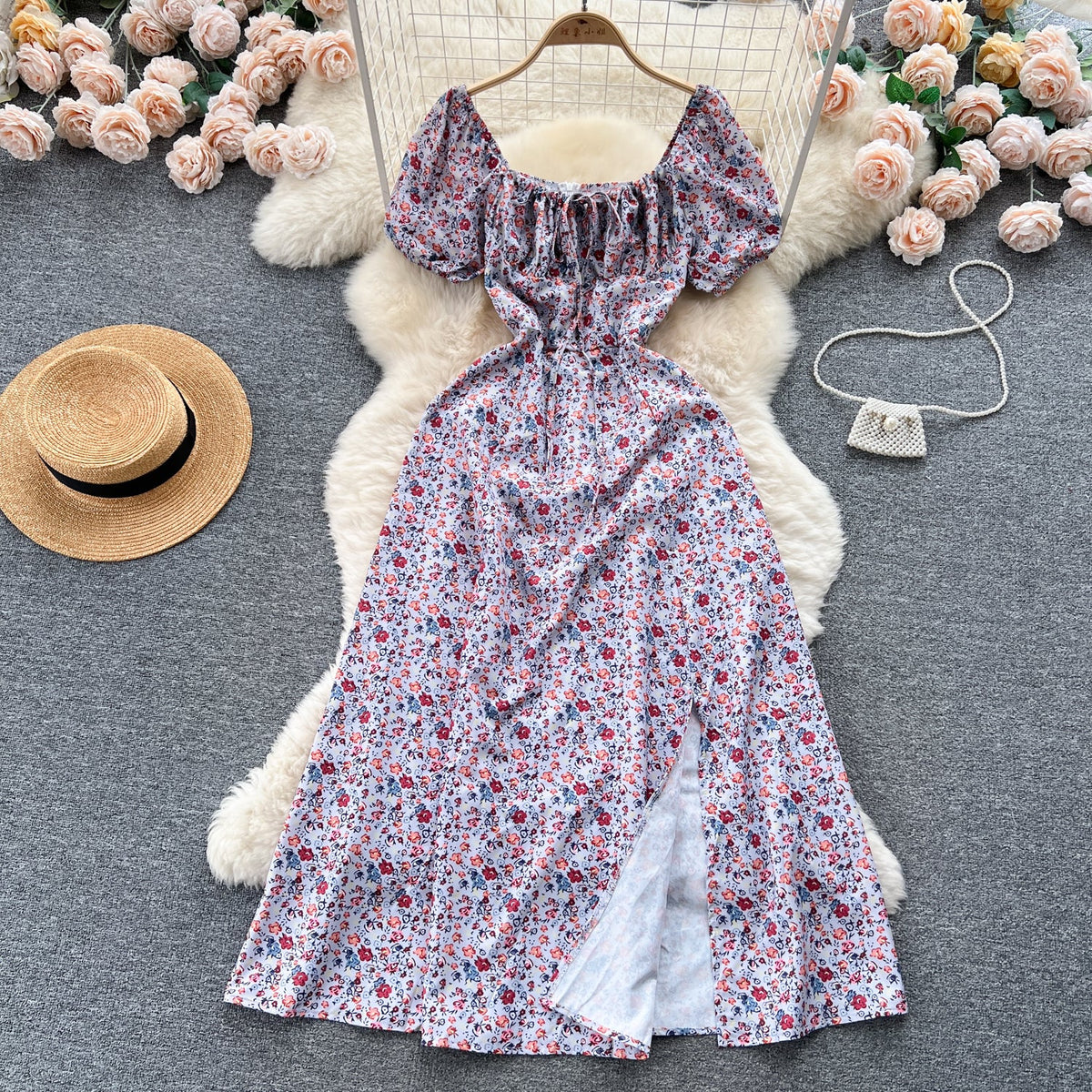 Ruffled Neckline Floral Split Dress