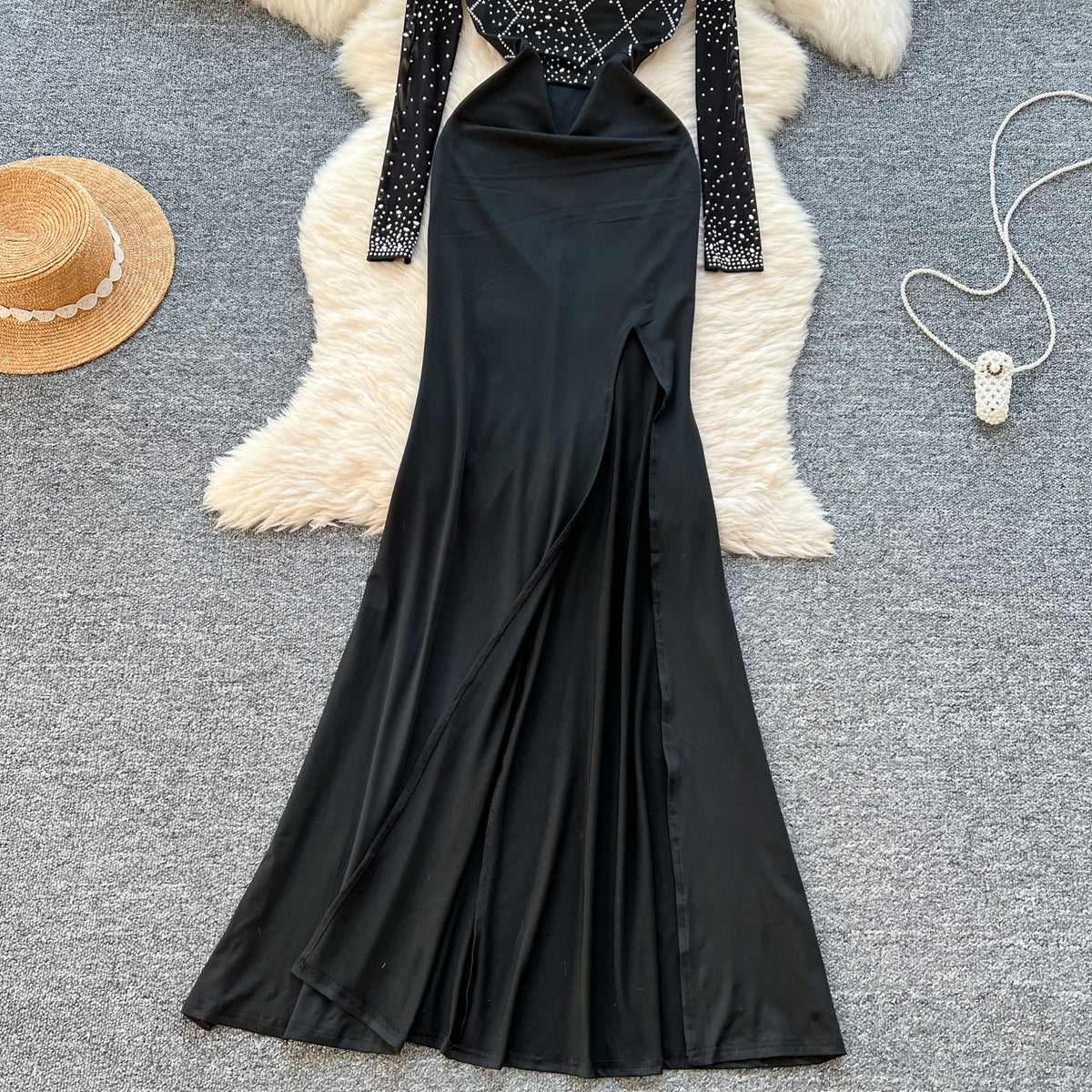 Rhinestone Studded Turtleneck Black Dress
