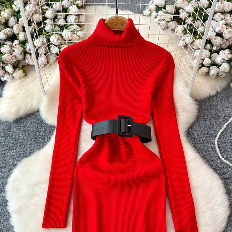 French Style Knitted Dress with Waistband