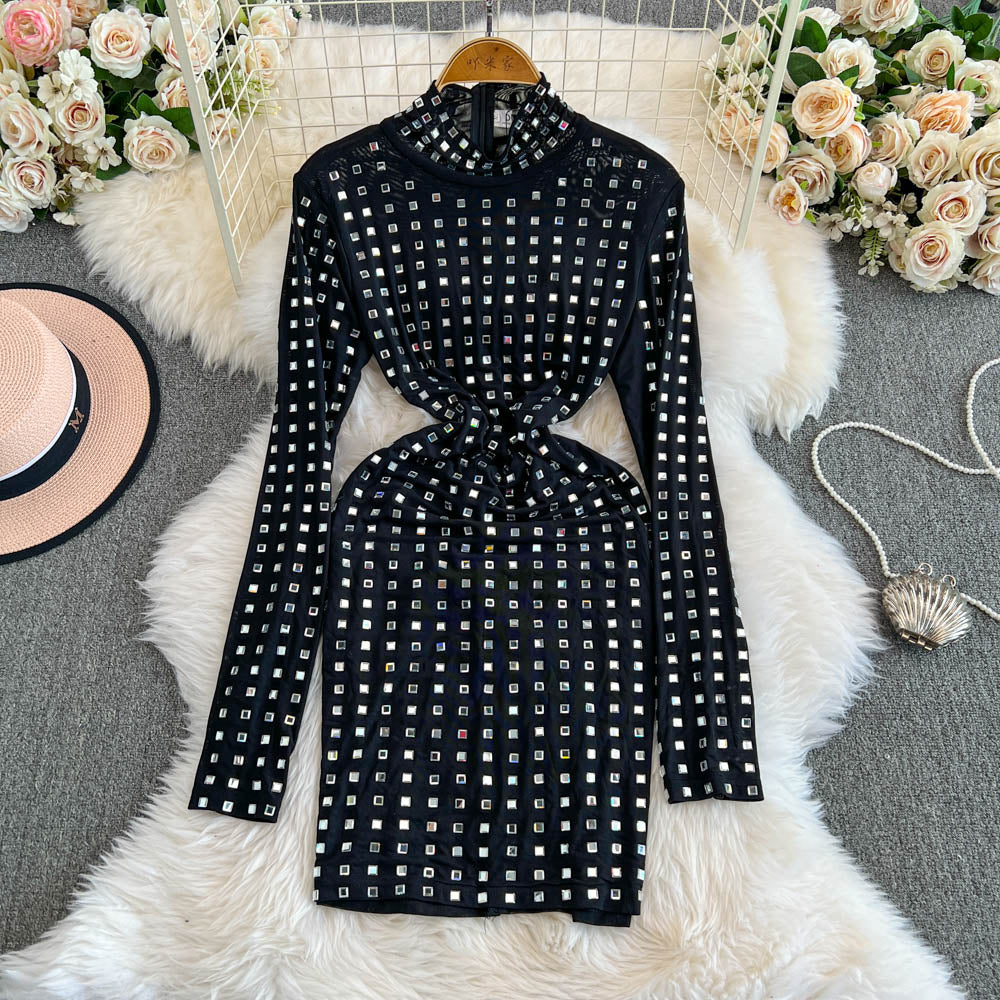Premium Rhinestone Studded Zipped Dress