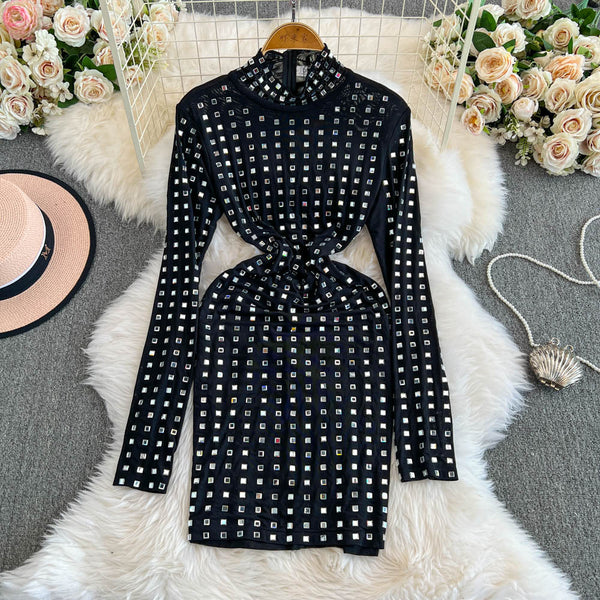 Premium Rhinestone Studded Zipped Dress