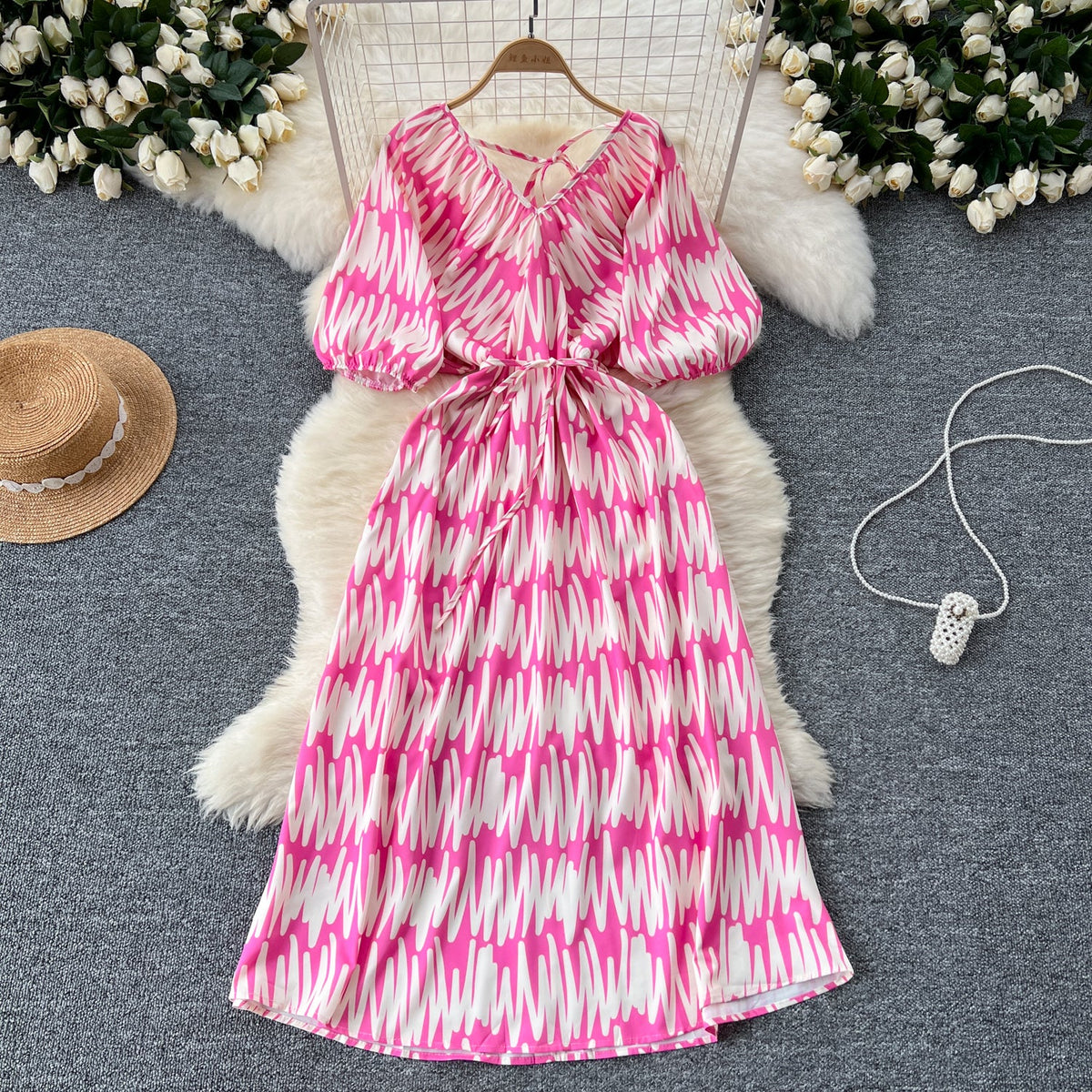 V-neck Pattern Printed Vintage Dress