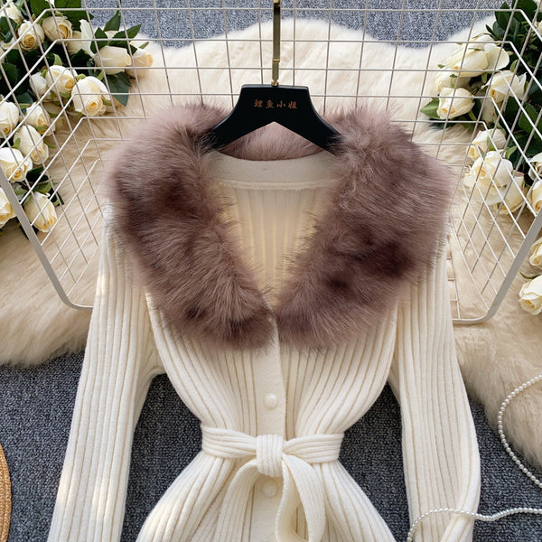 Furry Collar Lace-up Knit Dress