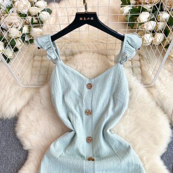 Ruffled Sleeve Single-breasted Slip Dress