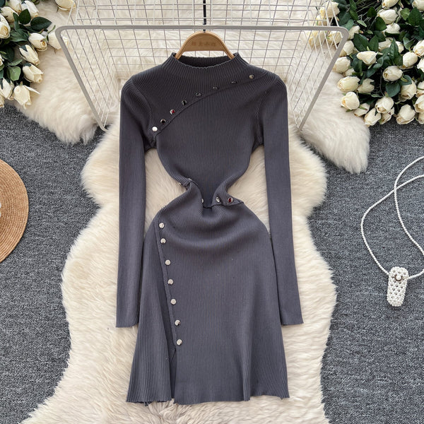 Half Turtleneck Metal Button Knitted Dress