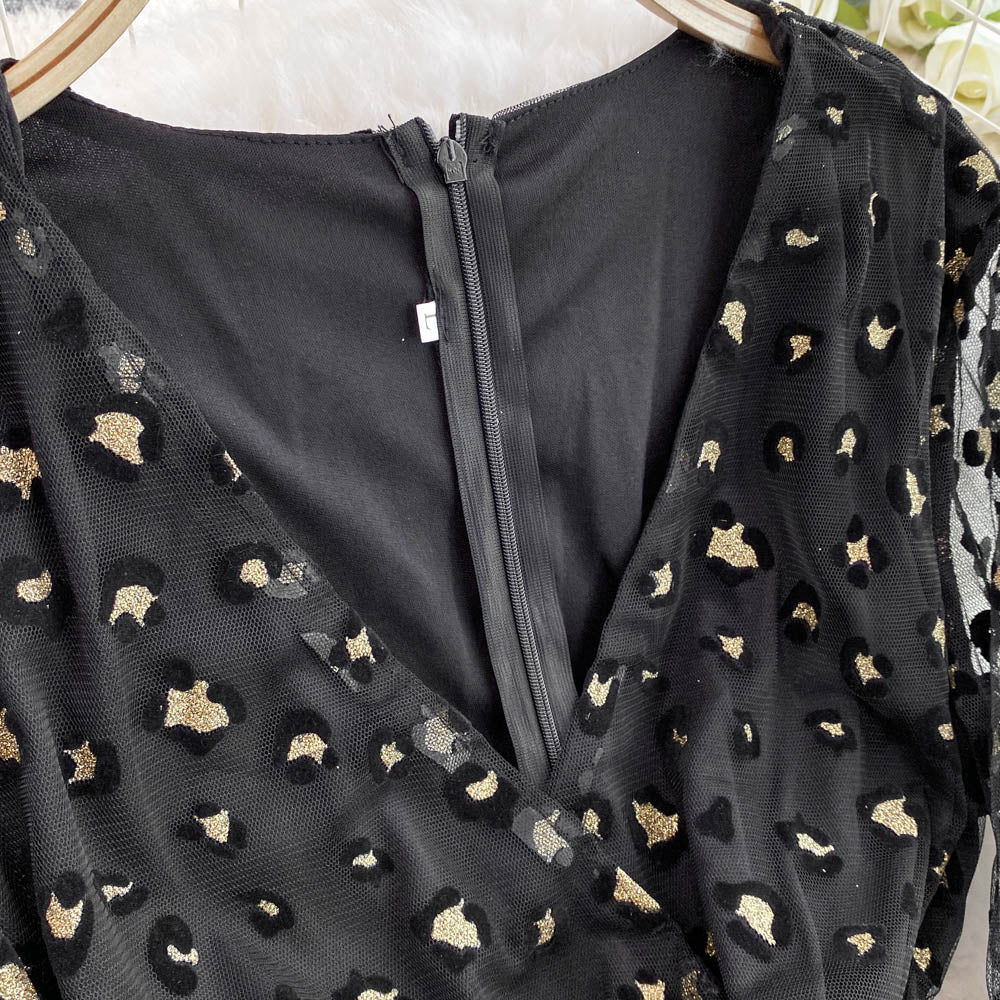Leopard Printed Mesh Patchwork Black Dress