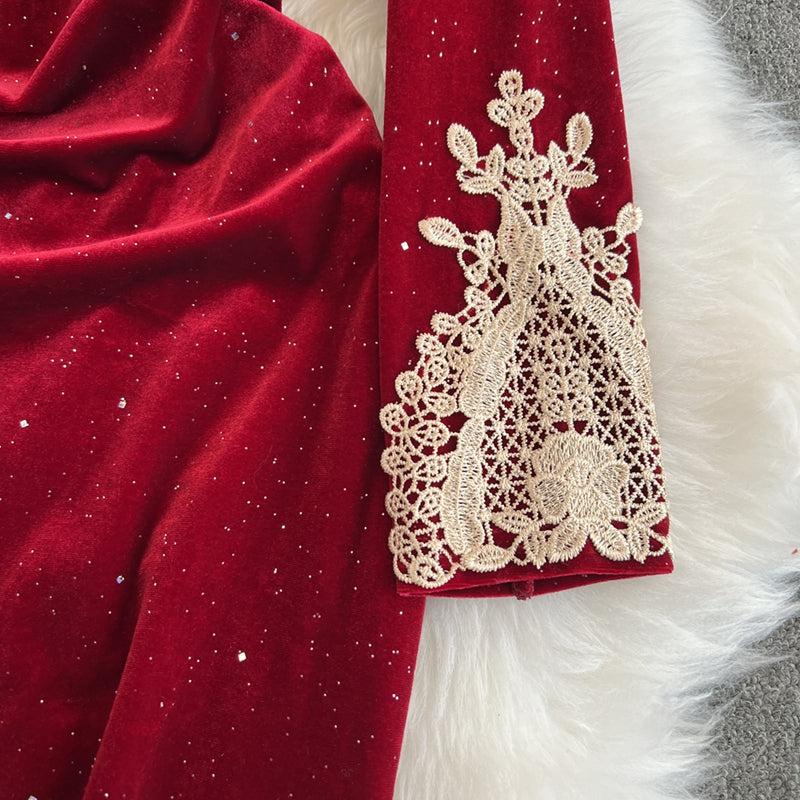 Lace Embroidered Velvet Cheongsam
