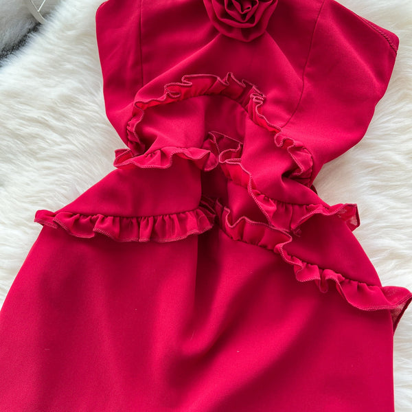 Niche Rose Ruffled Red Halter Dress
