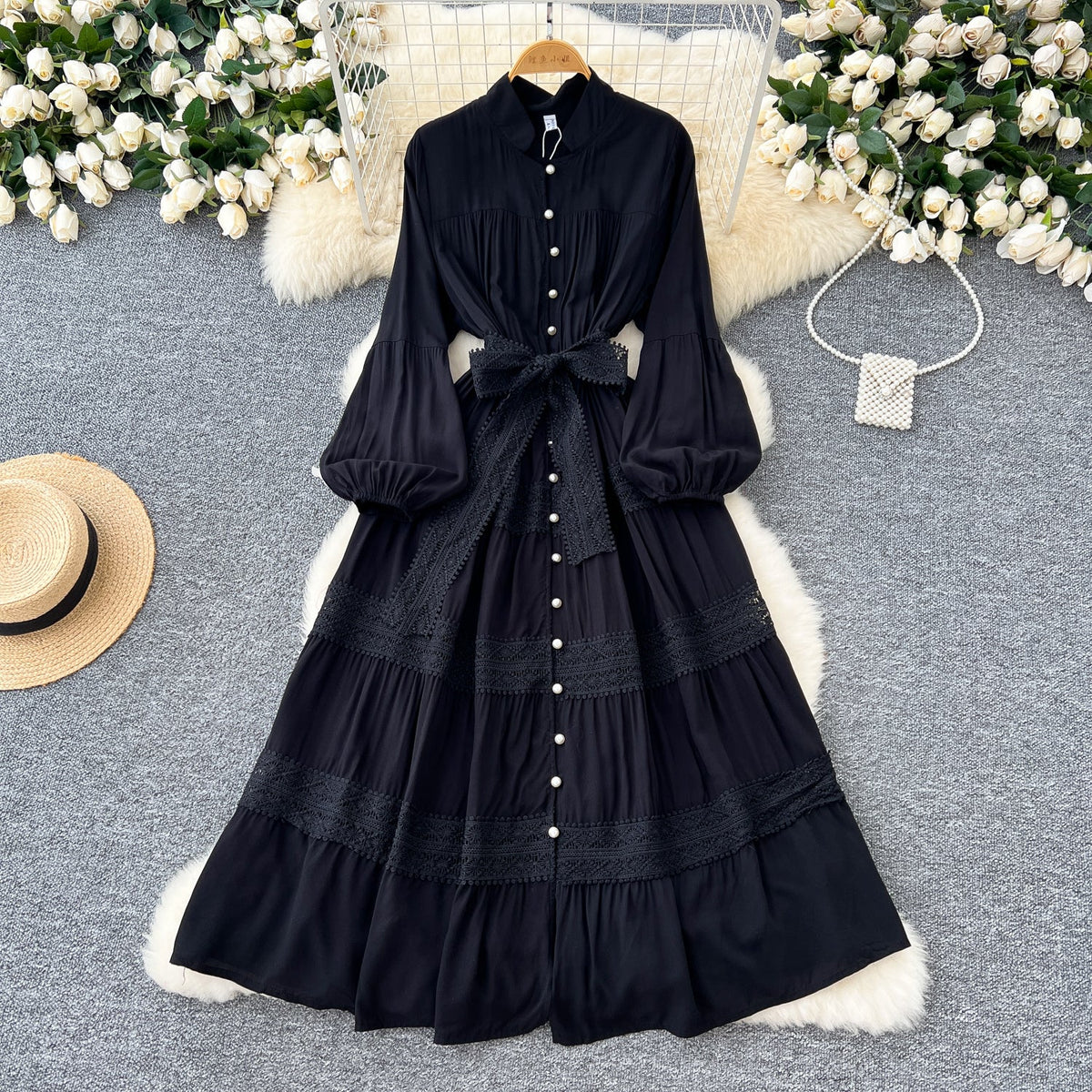 Courtly Lace-up Patchwork Shirt Dress