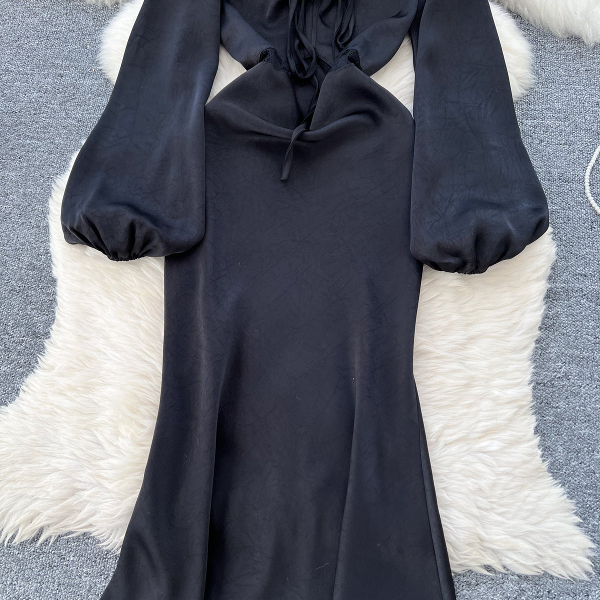 Jacquard Satin Fishtail Black Dress
