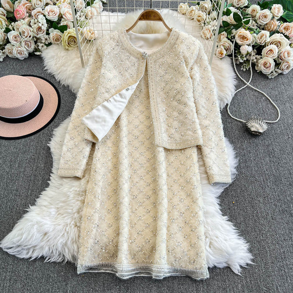 Beaded Cardigan&Vest Dress 2Pcs