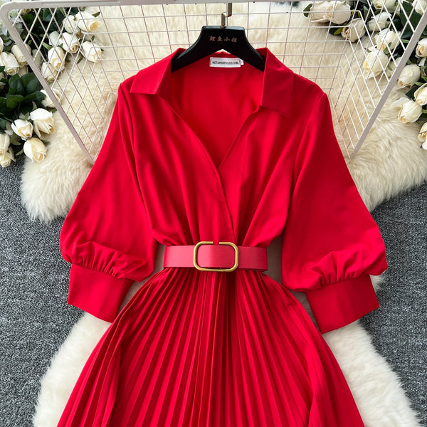 Lapeled Pleat Shirt Dress with Belt