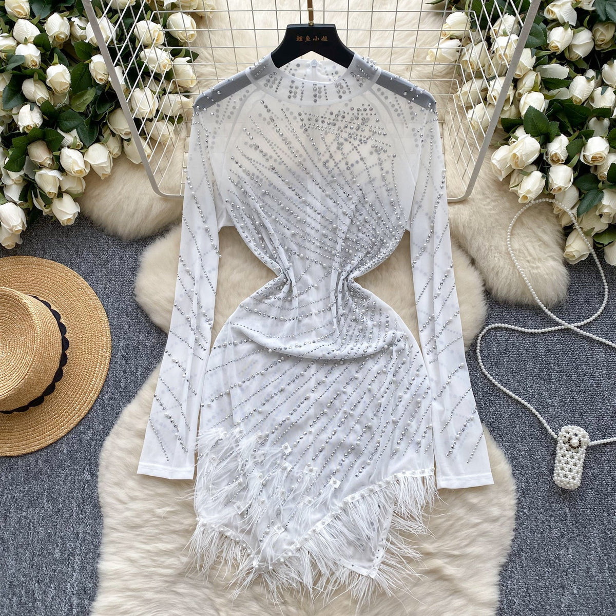 Rhinestone Studded Fringed Mesh Dress
