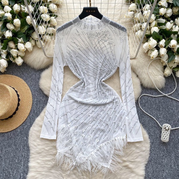 Rhinestone Studded Fringed Mesh Dress
