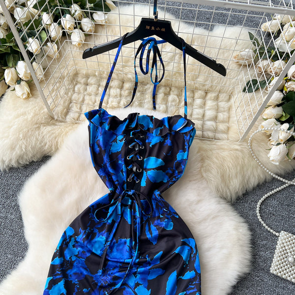 Asymmetric Ruffled Printed Halter Dress