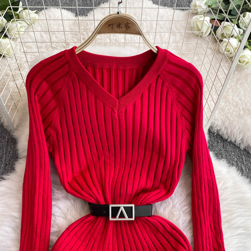 V-neck Elastic Knitted Dress with Belt