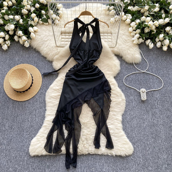 Irregular Design Pleated Black Dress