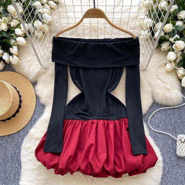 Off-shoulder Color Blocking Patchwork Dress