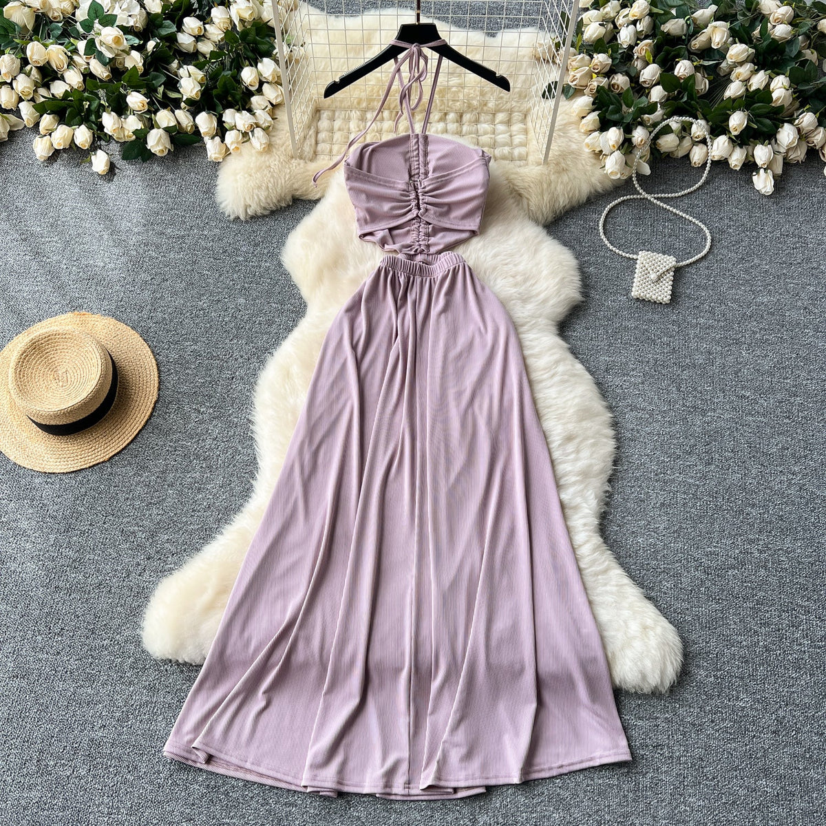 Hollowed Pleated Draped Halter Dress