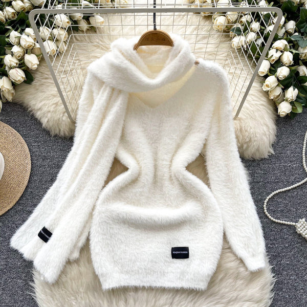 Furry Knitted Dress with Scarf