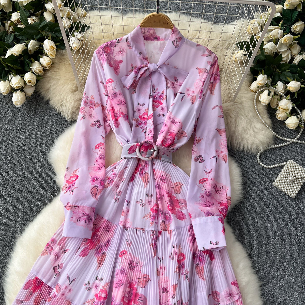 Elegant Pleated Floral Shirt Dress