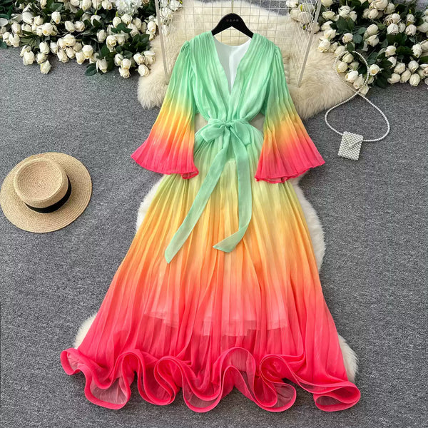 Gradient Color V-neck Fairy Dress