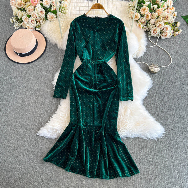 V-neck Beaded Fishtail Suede Dress