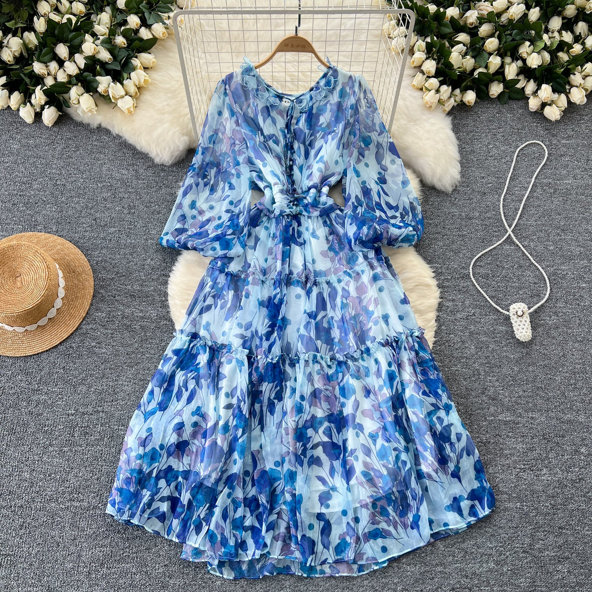 French Style Floral Printed Chiffon Dress