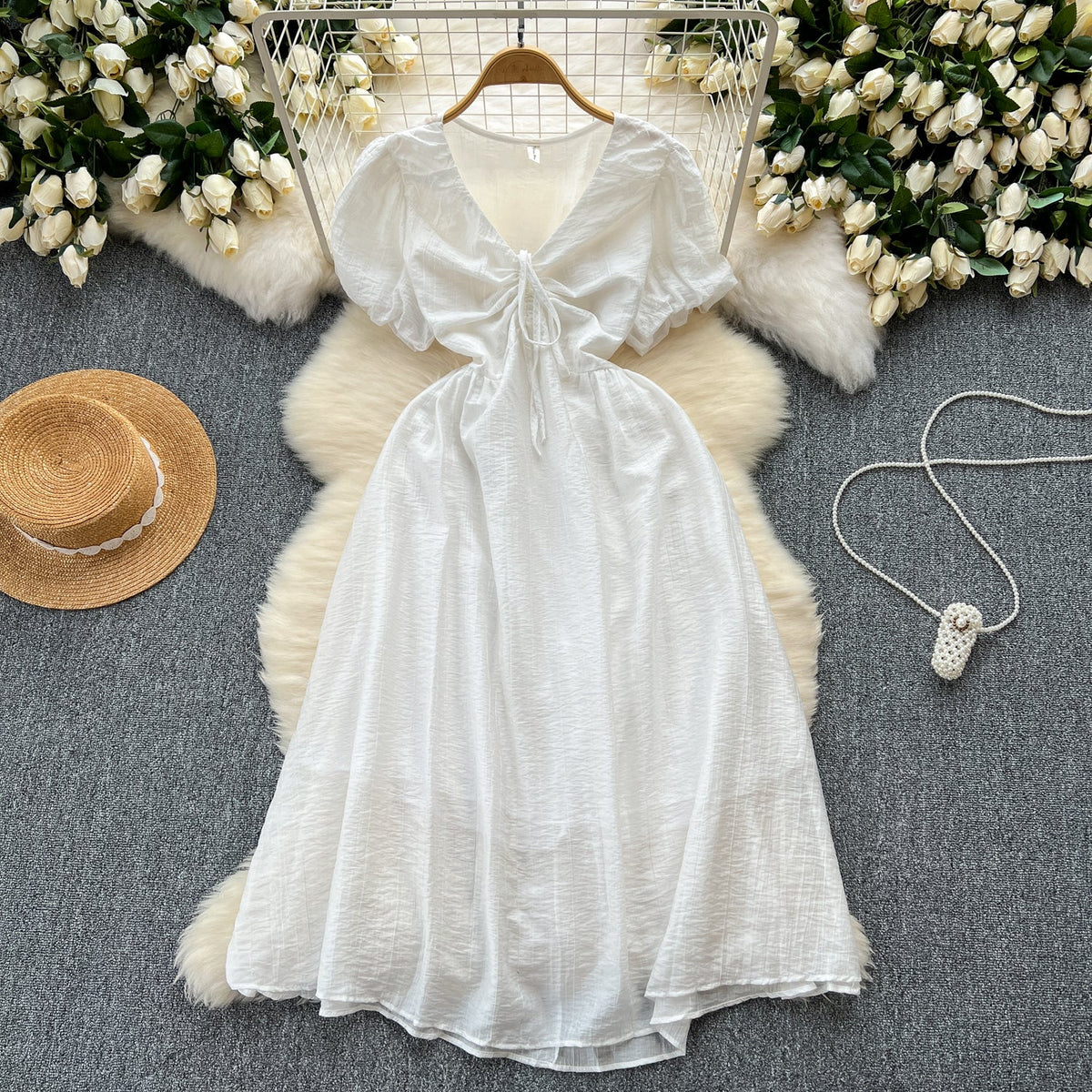 Mori Puffy Sleeve Drawstring Chiffon Dress