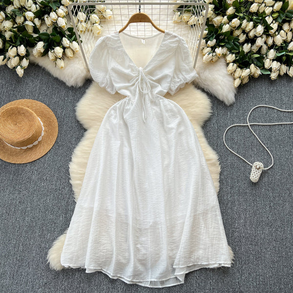 Mori Puffy Sleeve Drawstring Chiffon Dress