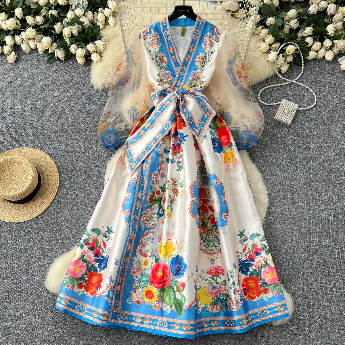 Courtly Lace-up Floral Printed Dress