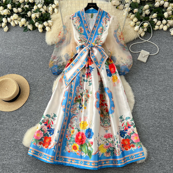 Courtly Lace-up Floral Printed Dress