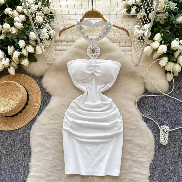 Elegant Slim-fit Beaded Halter Dress