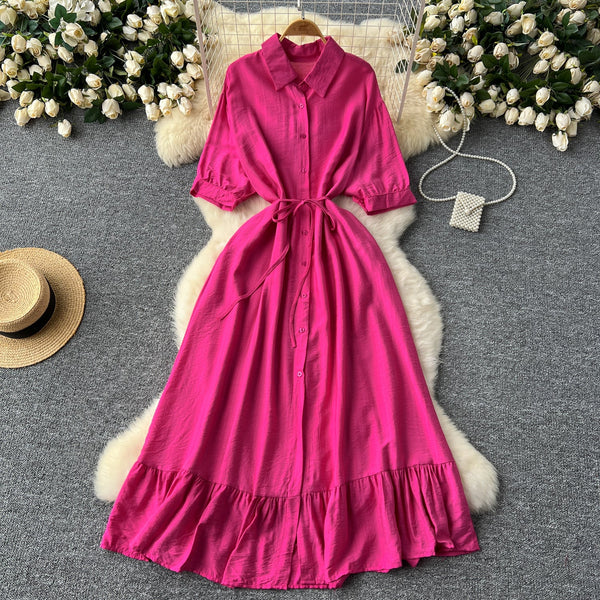 Vintage Solid Color Ruffled Shirt Dress