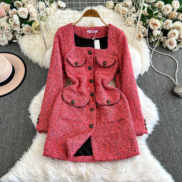 Kare Yaka Pembe Tweed Örme Elbise