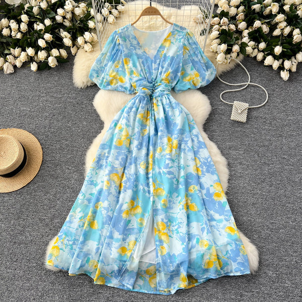 Vintage V-neck Draped Floral Dress