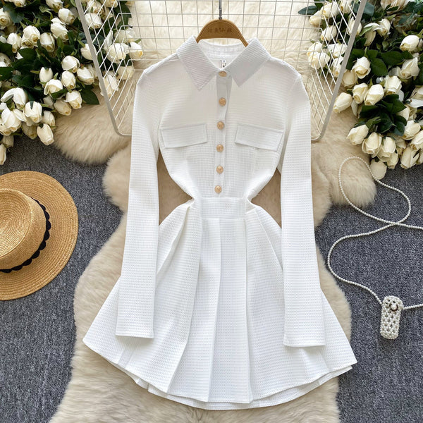 Vintage Lapeled Pleated Shirt Dress