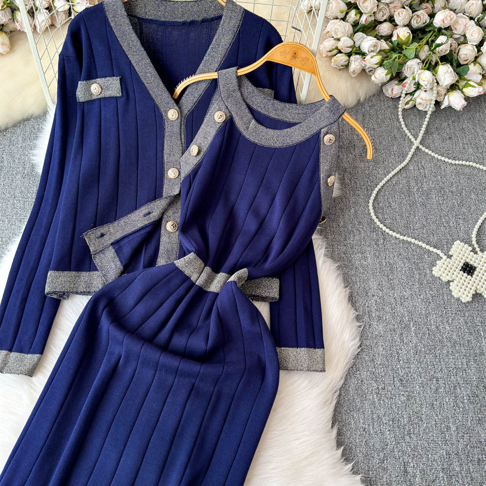 Cardigan&Vest Dress Color Blocking 2Pcs