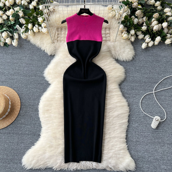 Color Blocking Black Knitted Dress