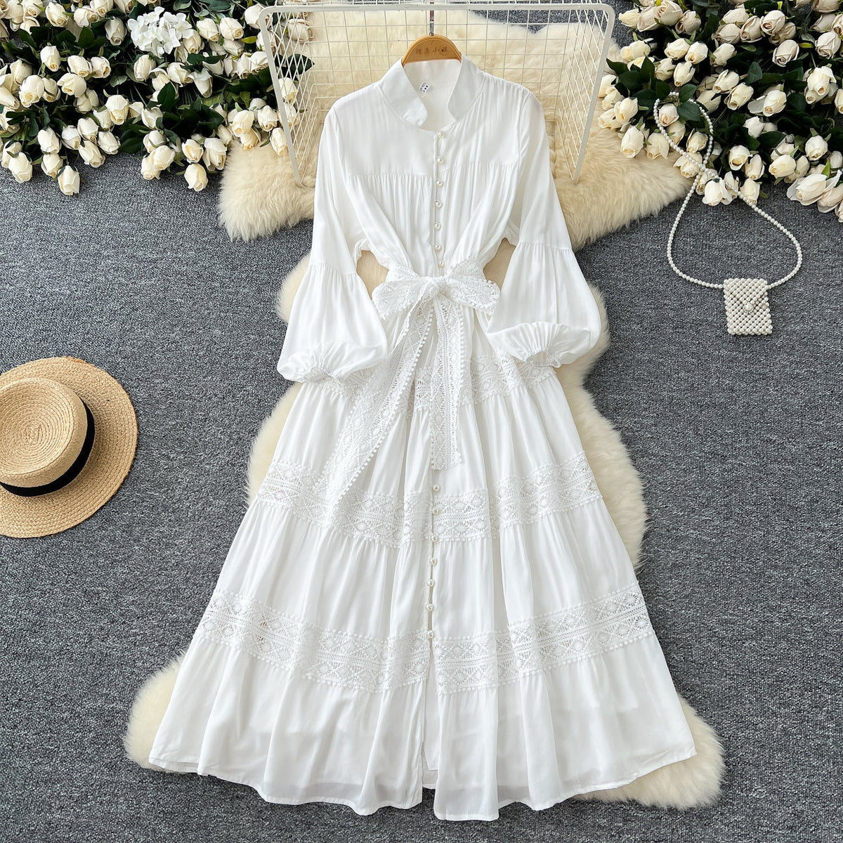 Courtly Lace-up Patchwork Shirt Dress