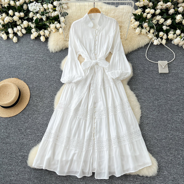 Courtly Lace-up Patchwork Shirt Dress