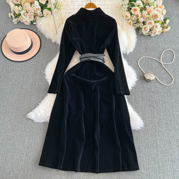 Simple Design Black Velvet Shirt Dress