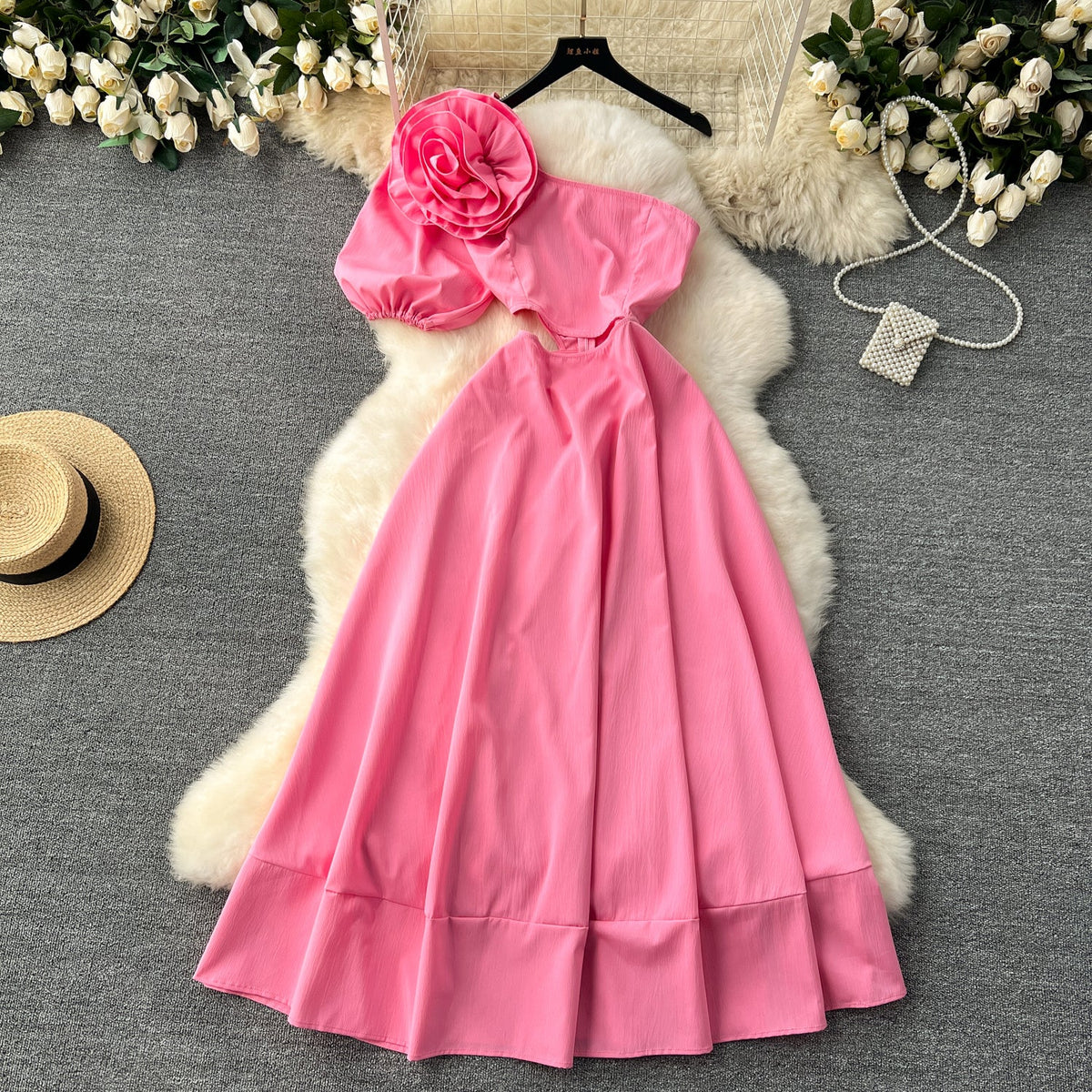 3D Floral One-shoulder Hollowed Dress