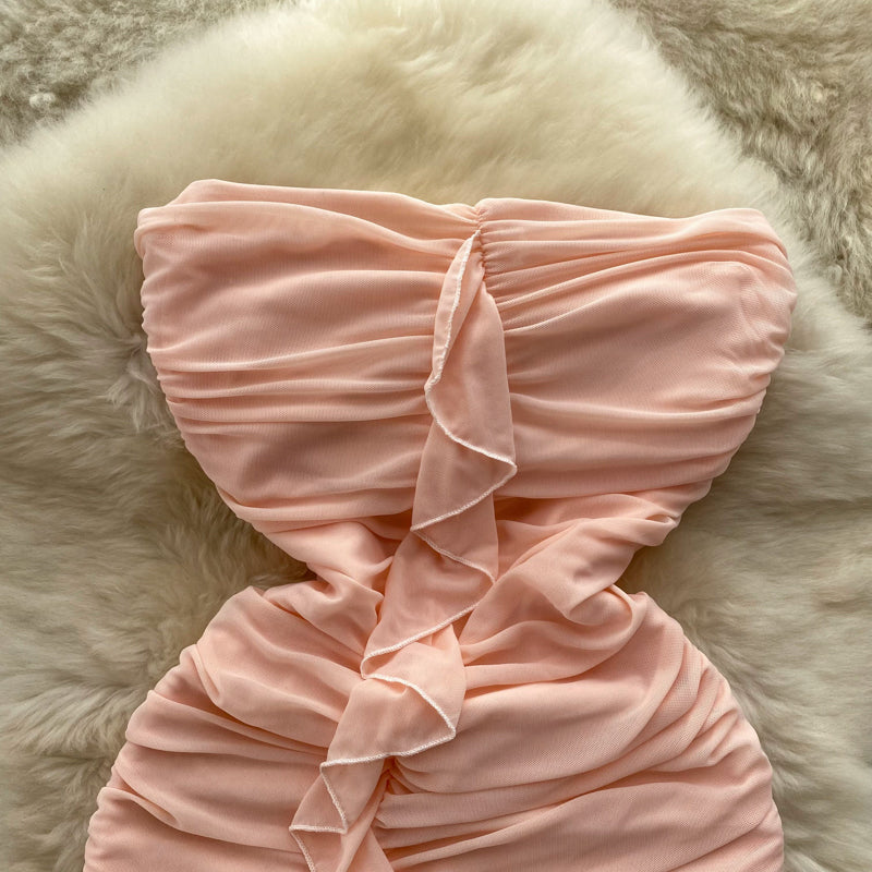Off-shoulder Ruffled Fairy Pink Dress