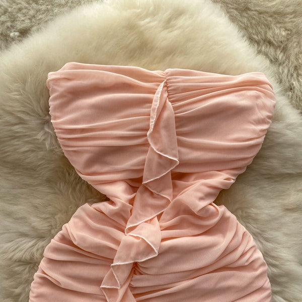 Off-shoulder Ruffled Fairy Pink Dress