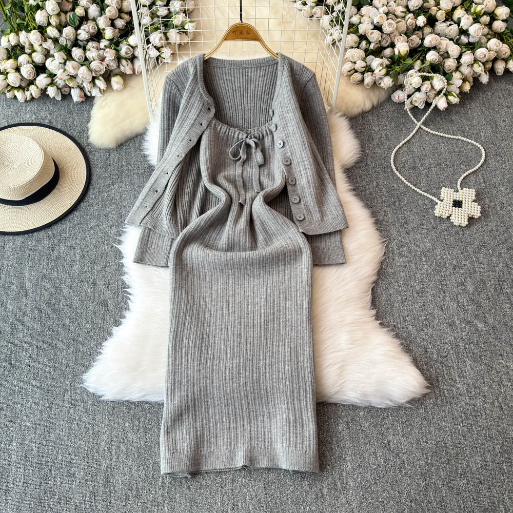 Cardigan&Lace-up Slip Dress Knitted 2Pcs