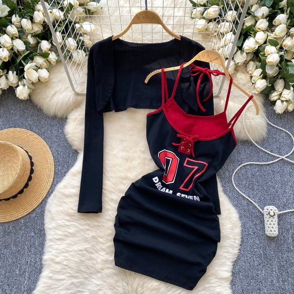 Lace-up Printed Dress&Cape Sexy 2Pcs